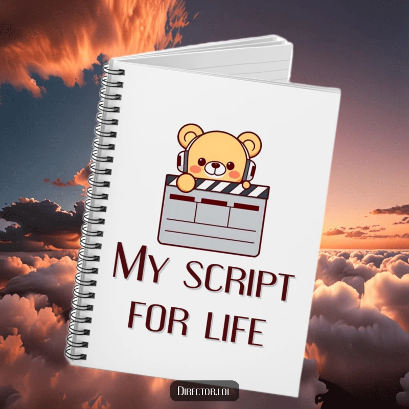 Funny Bear Director Notebook: A tiny smiling bear wearing headphones points enthusiastically at a giant clapperboard, perfect for notes and ideas, funny.