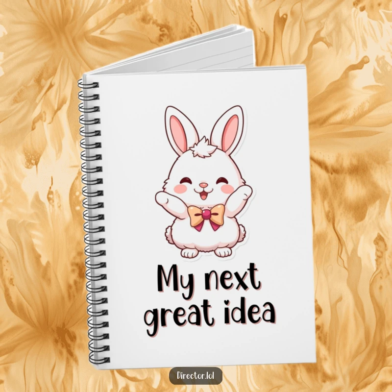 Funny notebook featuring a fluffy bunny in a tiny bowtie, pointing enthusiastically, ideal for note-taking and ideas.