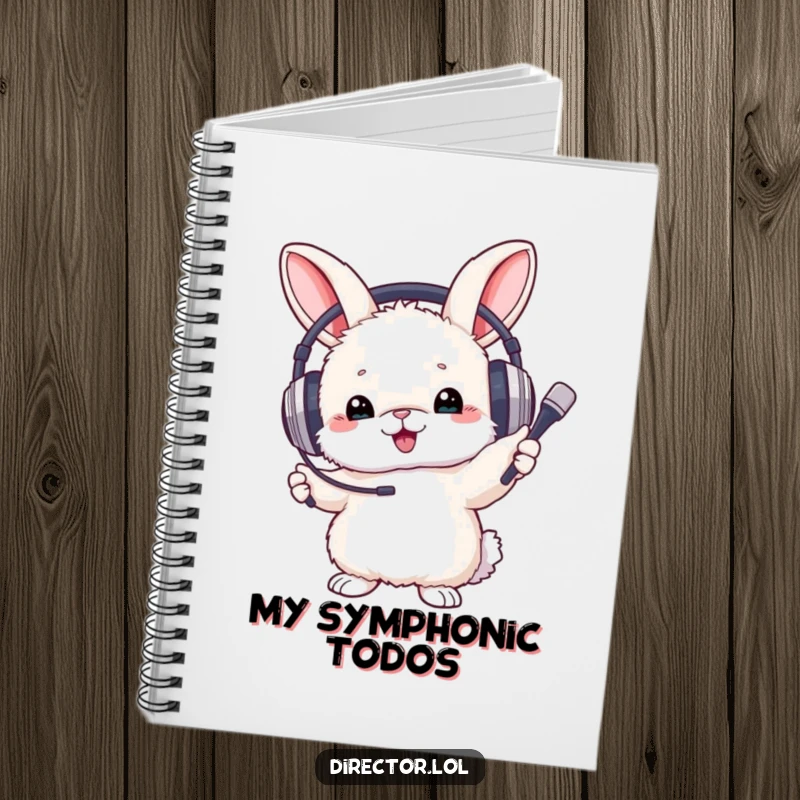 Funny Notebook showing a fluffy bunny with headphones, enthusiastically conducting imaginative music with a tiny baton.