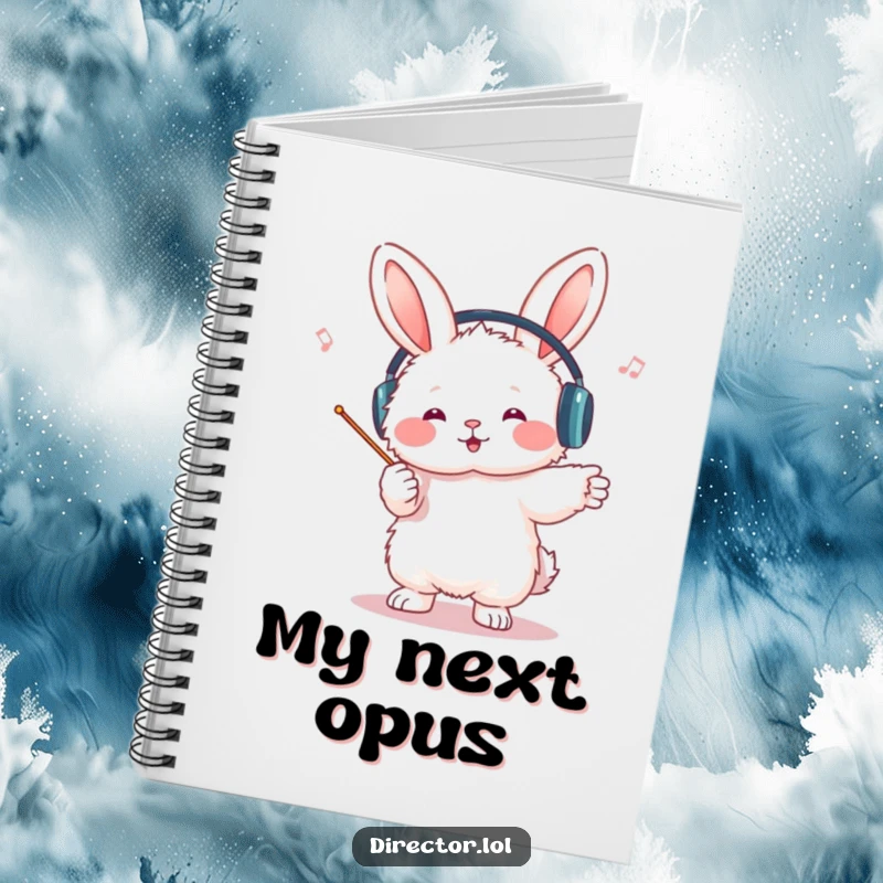 Funny bunny conductor notebook, spiral-bound, a fluffy bunny wearing headphones, enthusiastically conducting an invisible orchestra with a tiny baton, ready for notes.