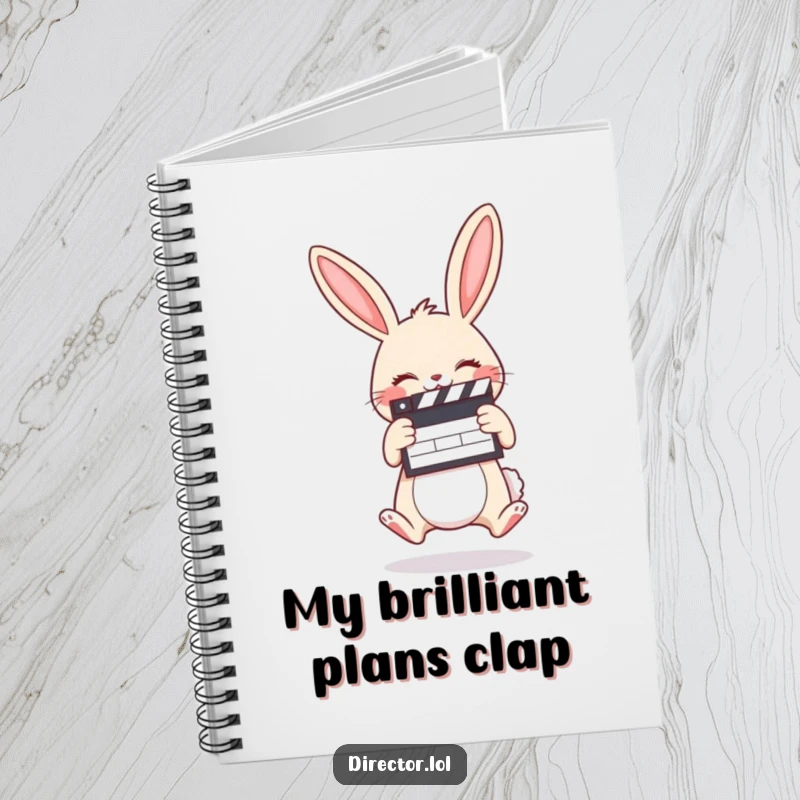 Funny notebook featuring a giggling cartoon bunny holding a clapboard, jumping for joy, ready to capture ideas.