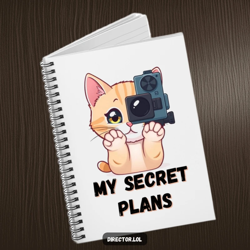Funny Notebook with a curious cat pawing at a movie camera, inspiring users to write down ideas with a cinematic and humorous focus.
