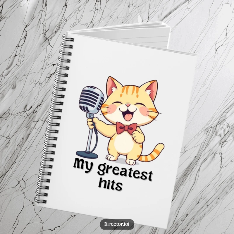 Funny cat microphone notebook, spiral-bound, a giggling cat in a bowtie, joyfully sweeping a large ornate microphone, ready for lyrical genius.