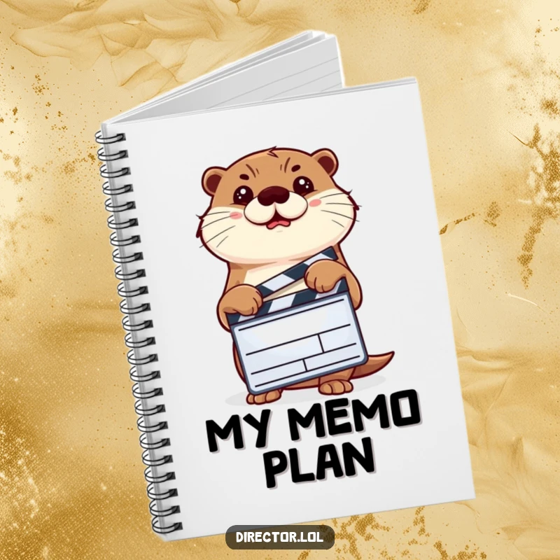Funny determined otter with a clapperboard, ready to jot down notes in a humorous notebook.