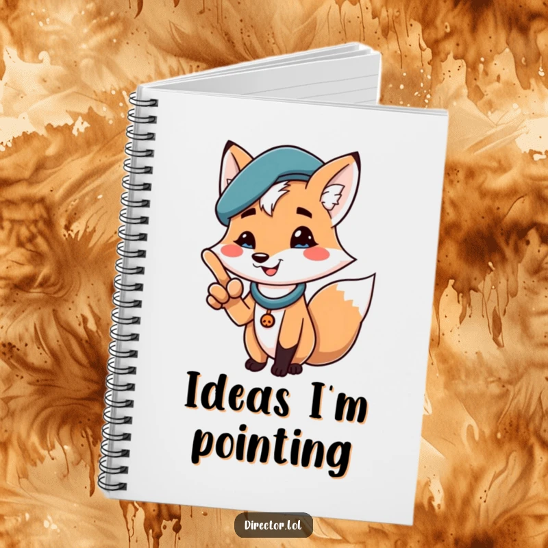 Funny notebook with a cheerful fox in a beret, dramatically pointing with a proud smile, ideal for capturing bold and brilliant ideas.
