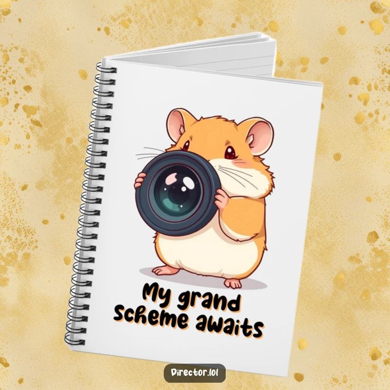 Funny notebook with a focused hamster adjusting a huge camera lens, inspiring photographic creativity.