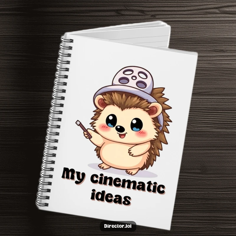 Funny hedgehog director notebook, spiral-bound, a cheerful hedgehog in a film reel hat, enthusiastically waving a pointer stick with wide, focused eyes.