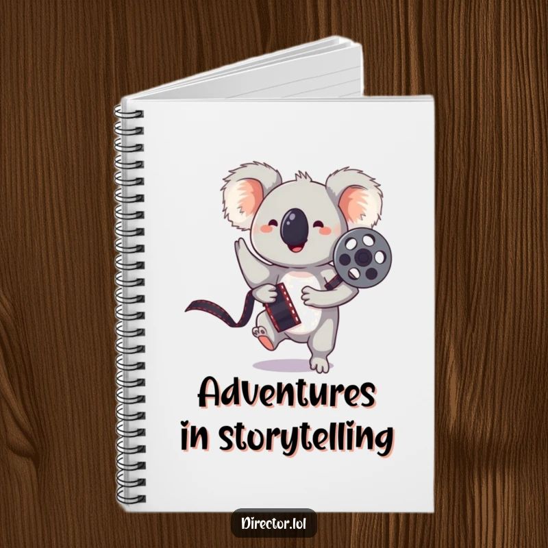 Funny notebook with a bouncing koala holding a film reel, striking a playful pose, perfect for writing notes.