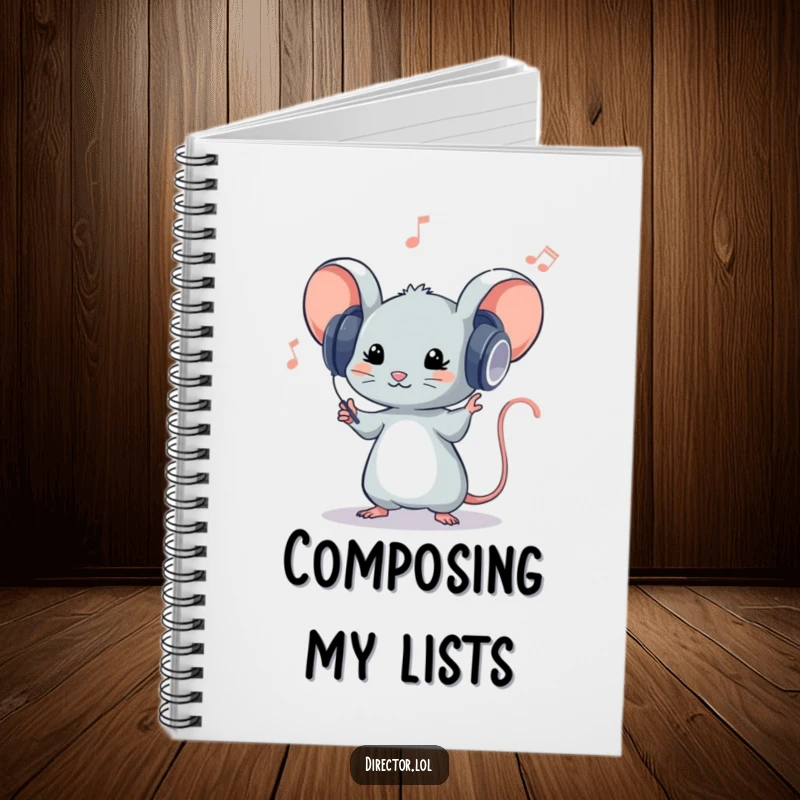 Funny notebook with a tiny mouse in oversized headphones conducting an orchestra, perfect for jotting down musical compositions and ideas.