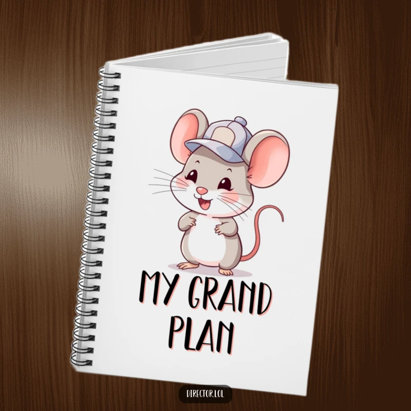 Funny mouse in a tiny cap winking and gesturing to cue a scene. A humorous notebook for jotting funny ideas.
