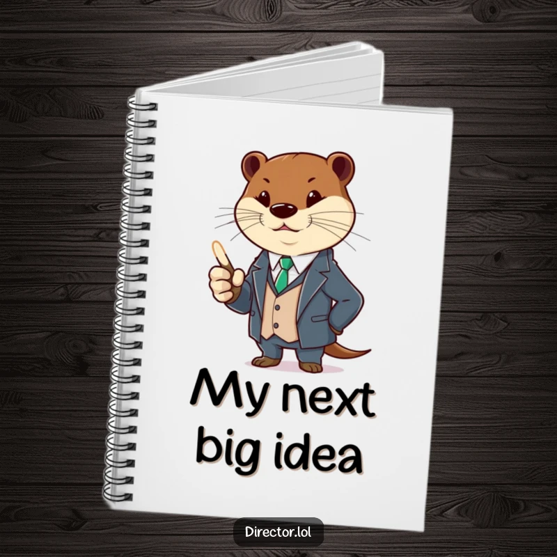 Funny otter in a suit, holding a glowing pointer, gesturing. A humorous notebook, perfect for jotting funny ideas.