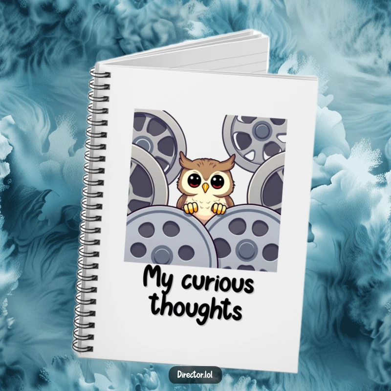 Funny Notebook featuring a happy owl peeking over film reels, encouraging users to jot down ideas with curiousity and a cinematic touch.