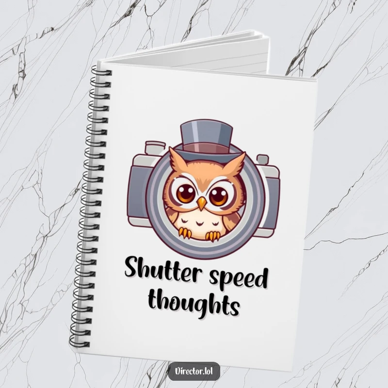 Funny owl in a top hat peeking through a camera lens, a creative notebook for jotting down ideas with a humorous touch.