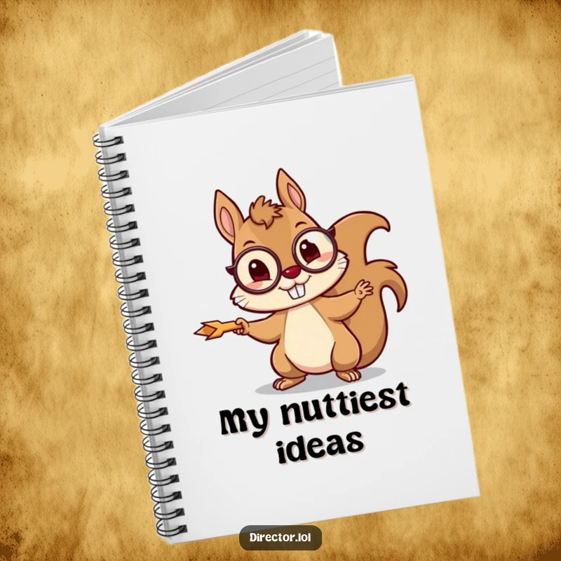 Funny squirrel notebook with a mischievous squirrel wearing a monocle, enthusiastically pointing with a tiny arrow.