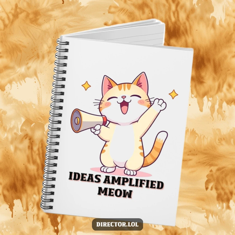 Funny Kawaii Cat Notebook: A notebook with a kawaii cat yelling into a megaphone, paws in the air, inspiring energetic note-taking.