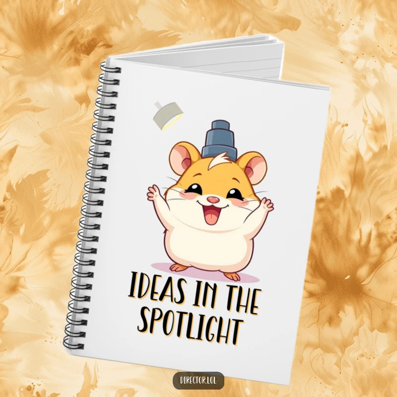 Funny notebook with a joyful hamster adjusting a spotlight with a big grin, perfect for writing notes.