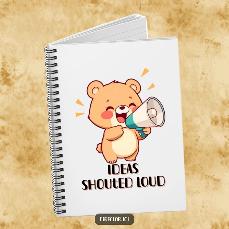Funny notebook with a delighted bear cub holding a giant megaphone and shouting with glee, perfect for jotting down loud and excited ideas.