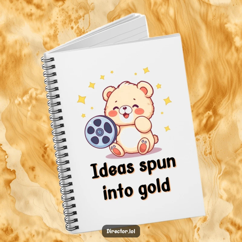 Funny notebook with a fluffy cartoon bear cub spinning a film reel, stars twinkling, ready to capture brilliant ideas.