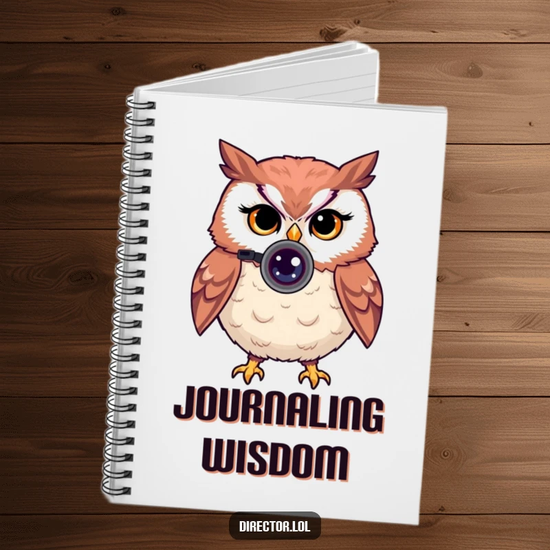 Funny notebook with a proud owl looking through a camera lens, giving a knowing wink, perfect for writing.
