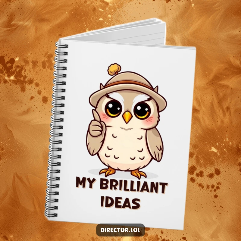 Funny notebook cover with a happy owl wearing a tiny hat, dramatically gesturing with a miniature pointer, ideal for writing down ideas with academic humor.