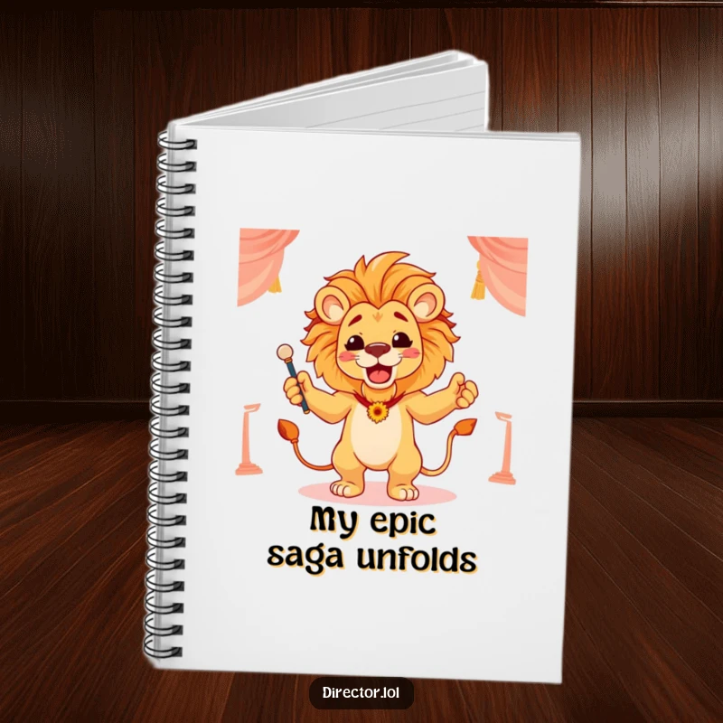 Funny notebook with a proud lion conducting a scene with flourish, perfect for planning and creative direction.