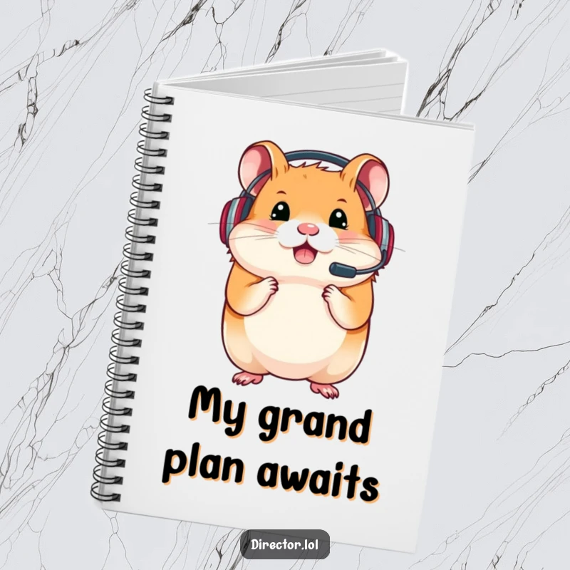Funny notebook with a determined hamster wearing a headset, ideal for strategizing and logging gaming accomplishments.