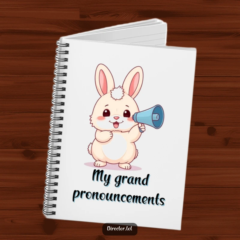 Funny bunny with a beret, holding a tiny megaphone ready to announce ideas on the cover of this inspiring spiral notebook.