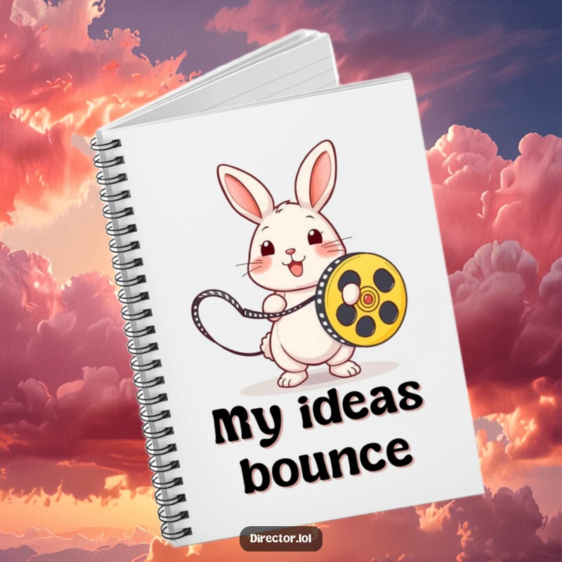 Funny rabbit with a film reel, ready to write notes in a humorous notebook.