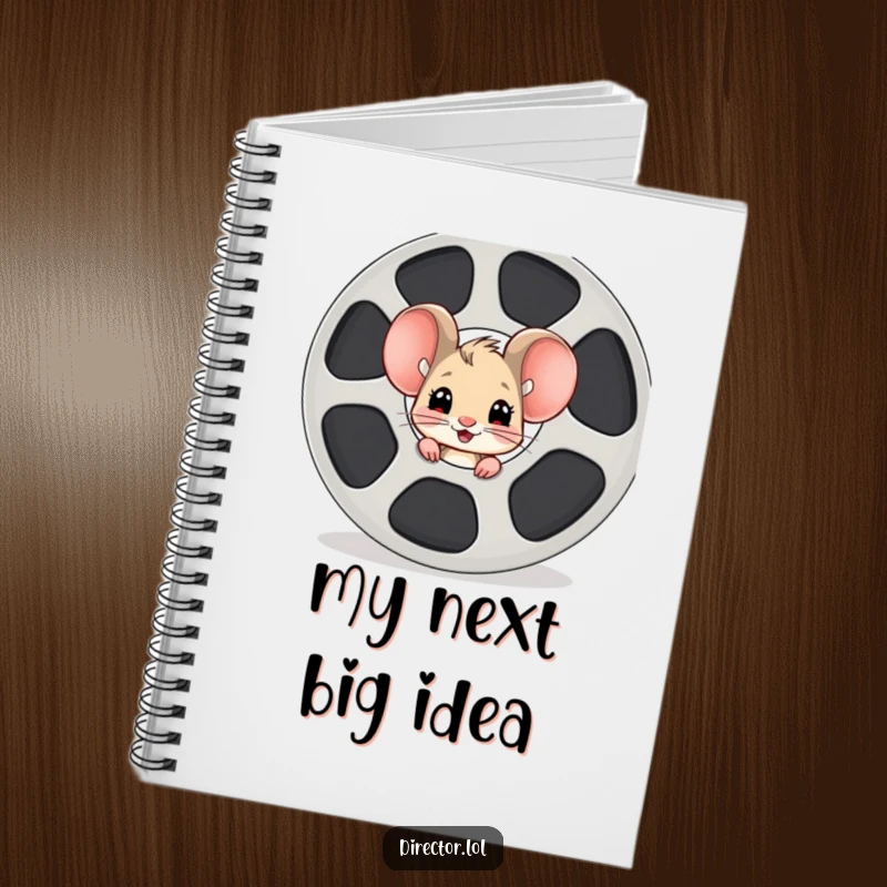 Funny mouse film reel notebook, a curious cartoon mouse peeking from behind a film reel, its expression full of eagerness and inspiration.