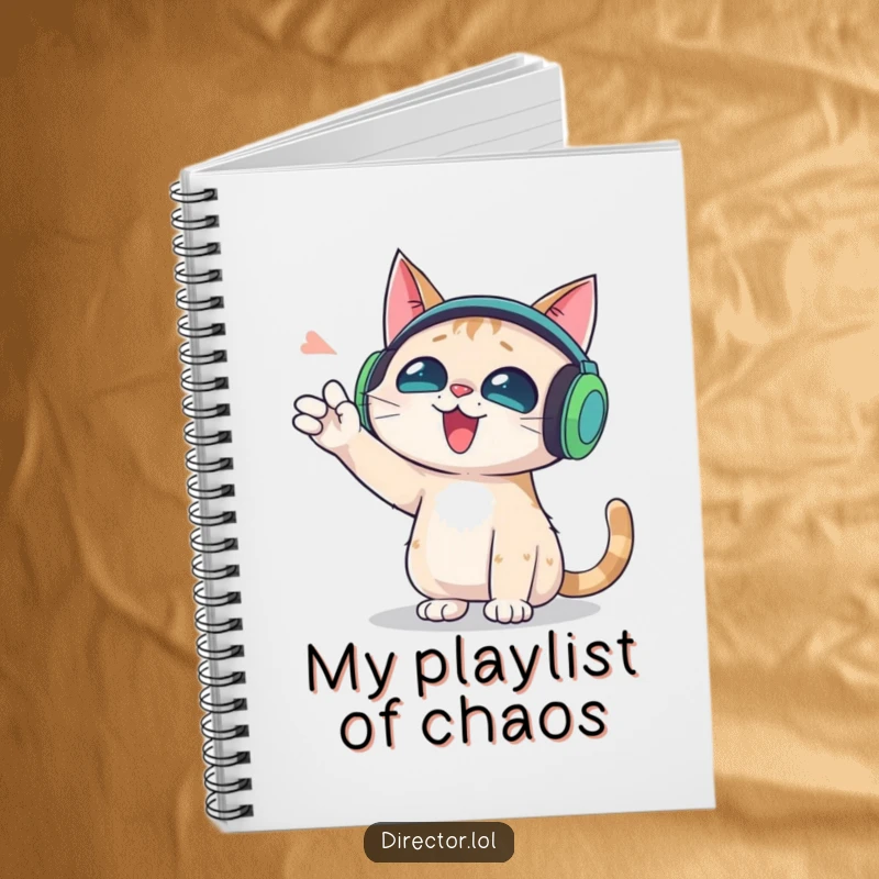 Funny notebook with a cat wearing oversized headphones, gesturing wildly, for jotting down music ideas and notes.