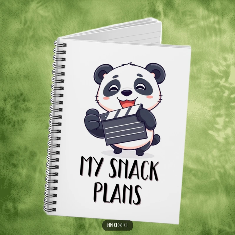 Funny Notebook with a playful panda spinning a clapboard, inspiring users to write down ideas with cinematic energy and a touch of humor.