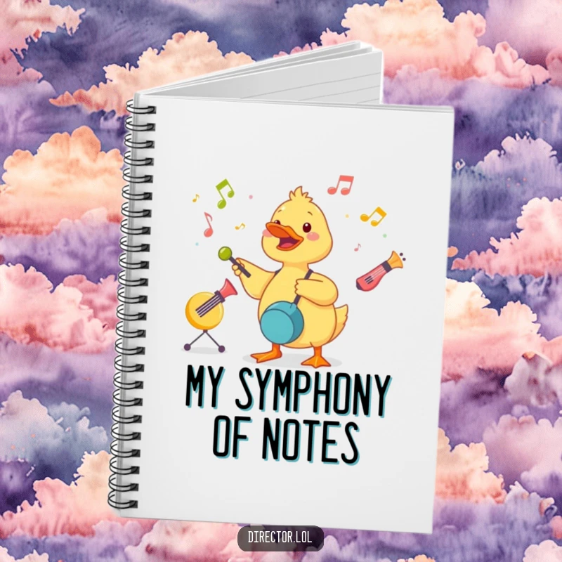 Funny Duckling Conductor Notebook: A cute duckling energetically conducts a symphony of toy instruments, ready to capture your ideas.