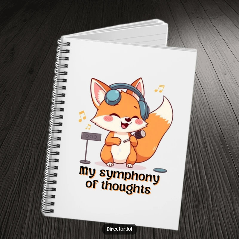 Funny giggling fox with oversized headphones, conducting an invisible orchestra on the cover of this inspiring music journal notebook.