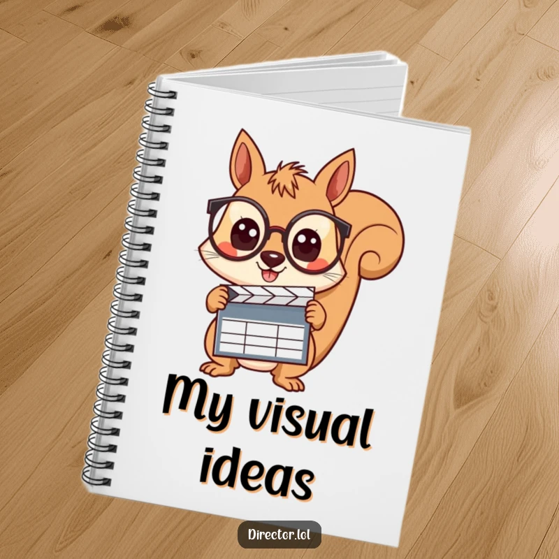 Funny squirrel with spectacles, holding a clapboard with wide, curious eyes on the cover of this inspiring filmmaker's notebook.