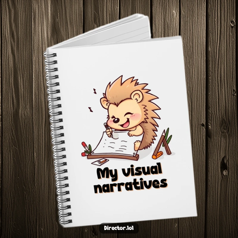 Funny determined hedgehog drawing furiously on a storyboard with a cheerful smile on the cover of this inspiring artist's notebook.