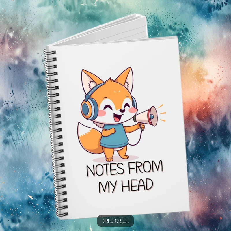 Funny notebook featuring a cheerful cartoon fox wearing headphones, directing with a tiny megaphone, perfect for notes.