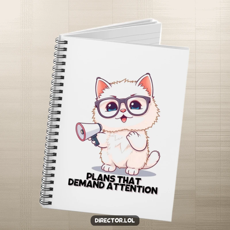 Funny notebook: A fluffy white kitten with oversized glasses enthusiastically waves a tiny megaphone, perfect for note-taking and brainstorming.