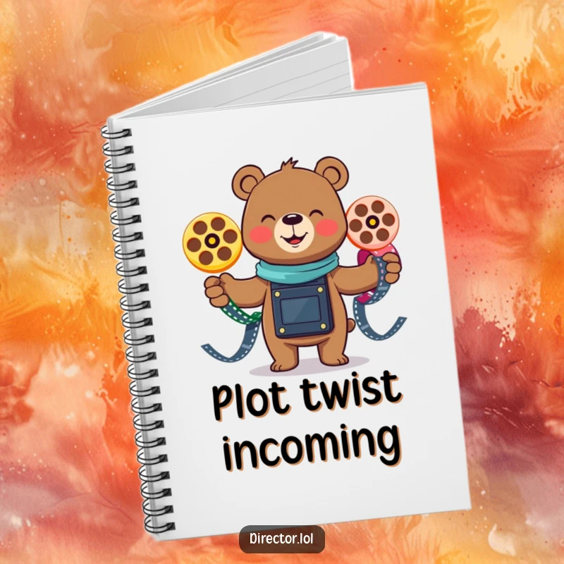 Funny smiling bear gleefully juggling three colorful film reels, a creative notebook for jotting down ideas with a humorous touch.