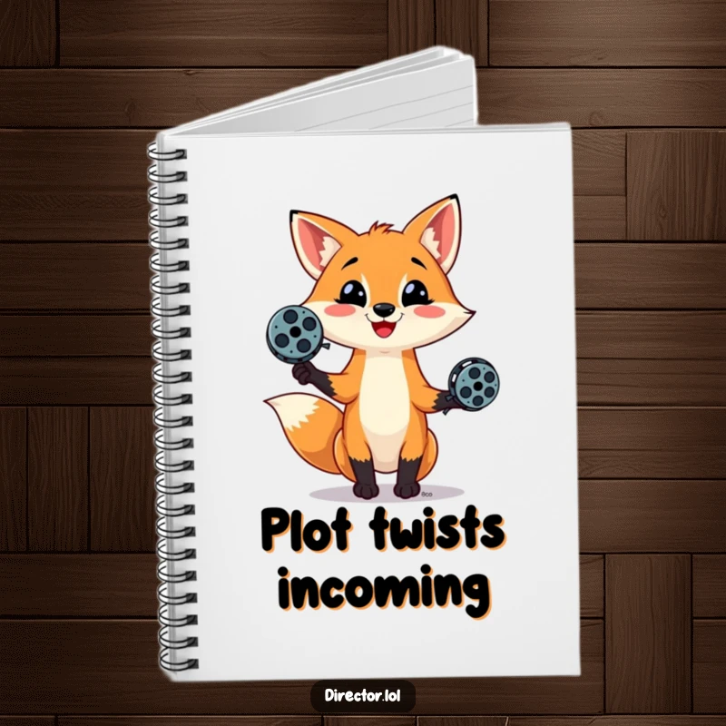 Funny notebook featuring a mischievous fox juggling film reels, ideal for jotting down creative story ideas and cinematic plans.