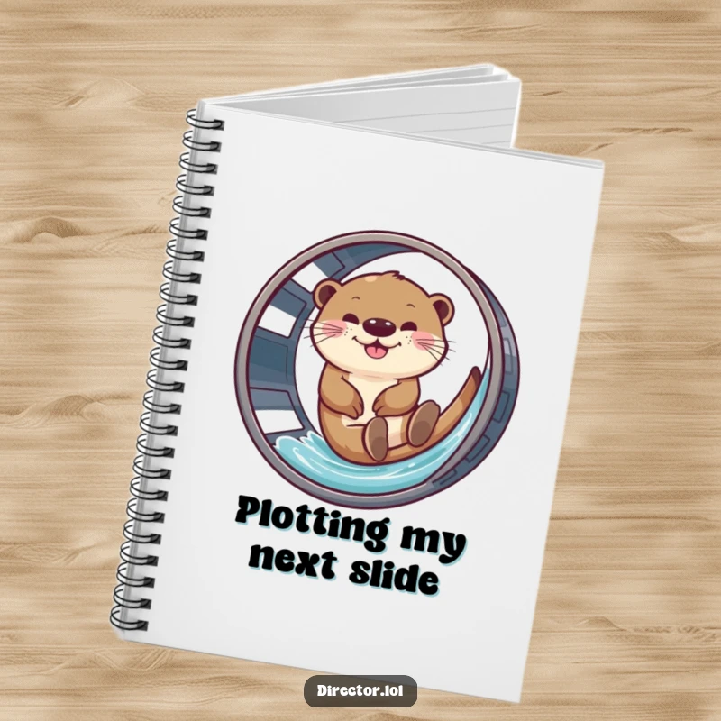 Funny notebook with a giggling otter sliding down a film reel, inspiring movie ideas.