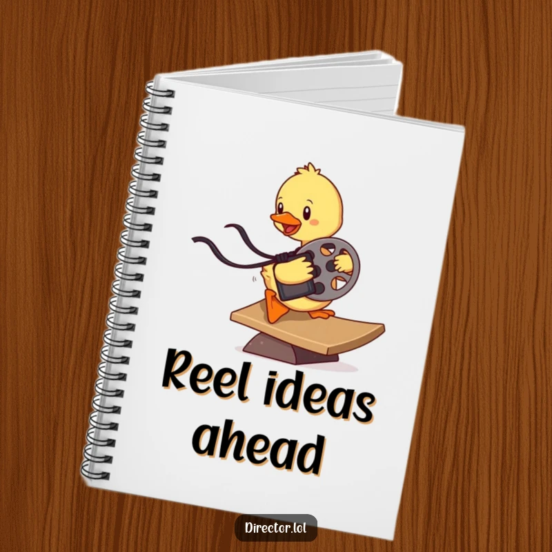 Funny determined duckling sliding down a ramp with a film reel, a creative notebook for writing stories with a humorous, cinematic touch.