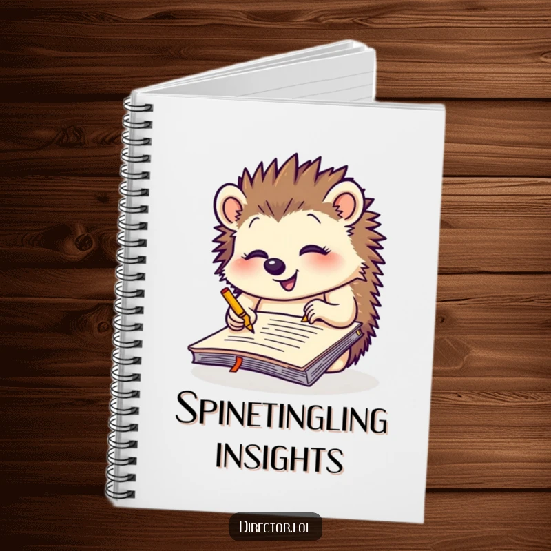 Funny giggling hedgehog scribbling notes on a giant yellow notepad, a creative notebook for jotting down ideas with a humorous touch.