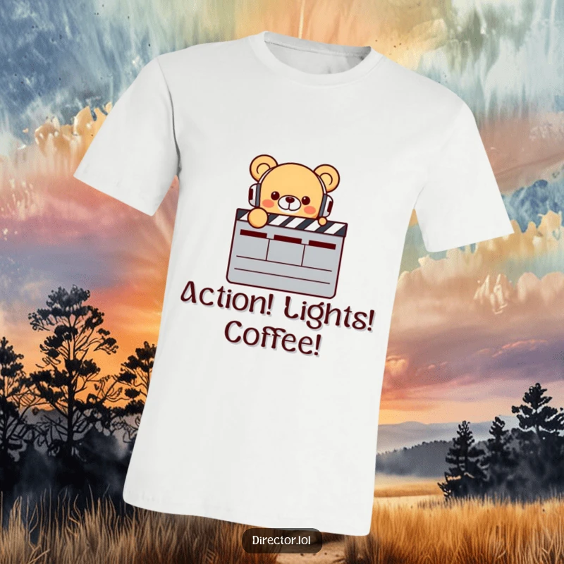 Funny Bear Director T-Shirt: A tiny smiling bear wearing headphones enthusiastically points at a huge clapperboard, perfect for movie lovers, funny.