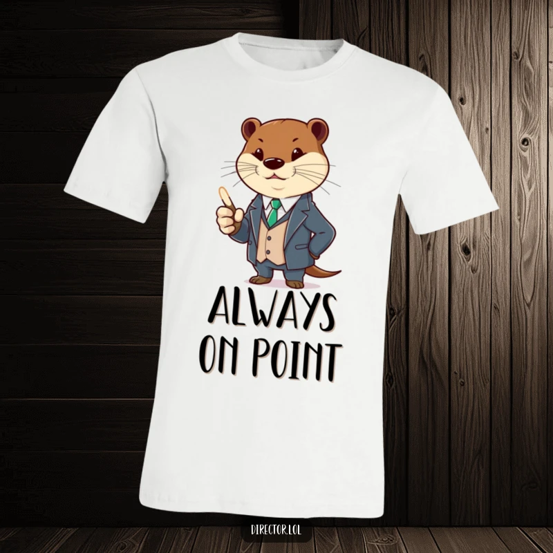Funny otter in a stylish suit, using a glowing pointer to gesture dramatically, conveying intelligence and humor. Perfect funny gift.