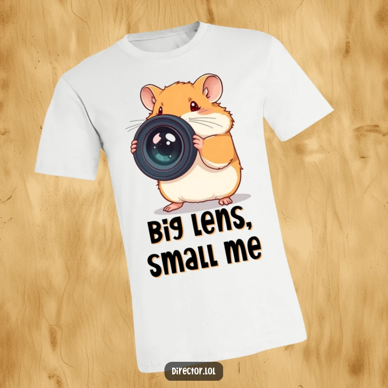 Funny t-shirt depicting a focused hamster meticulously adjusting an oversized camera lens for the perfect photo.