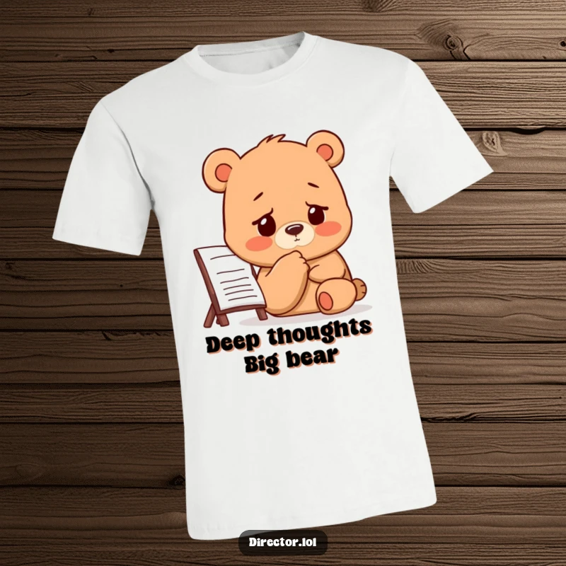Funny Bear Director T-Shirt: A bear intently studies a storyboard, tapping its chin with a thoughtful, furrowed brow.