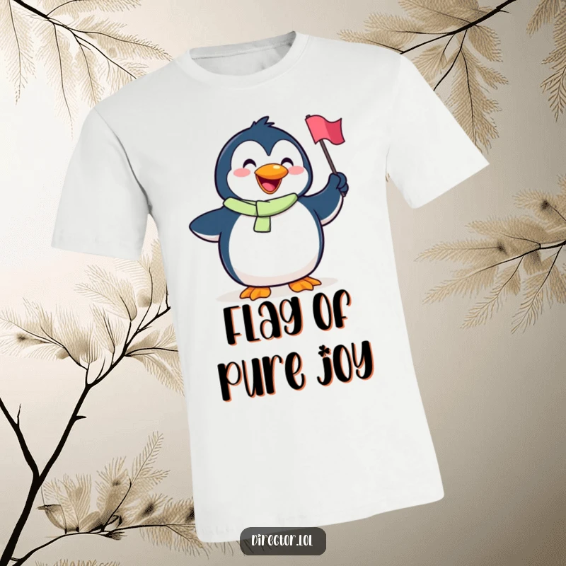 Funny Penguin T-Shirt: A goofy penguin with a big smile happily waves a small flag, embodying infectious joy and enthusiasm.
