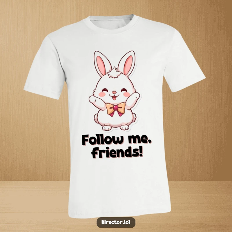 Funny t-shirt with a fluffy bunny in a tiny bowtie pointing enthusiastically, perfect for a cheerful, humorous look.