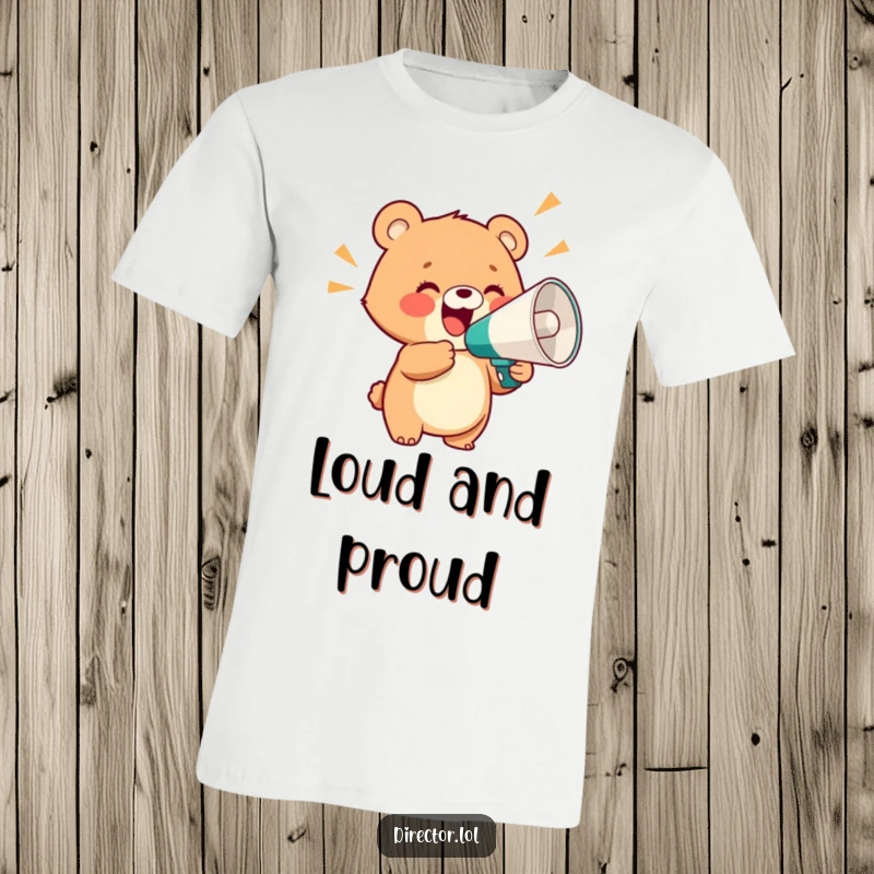Funny t-shirt featuring a delighted bear cub holding a giant megaphone and shouting with glee, perfect for expressing loud, happy energy.
