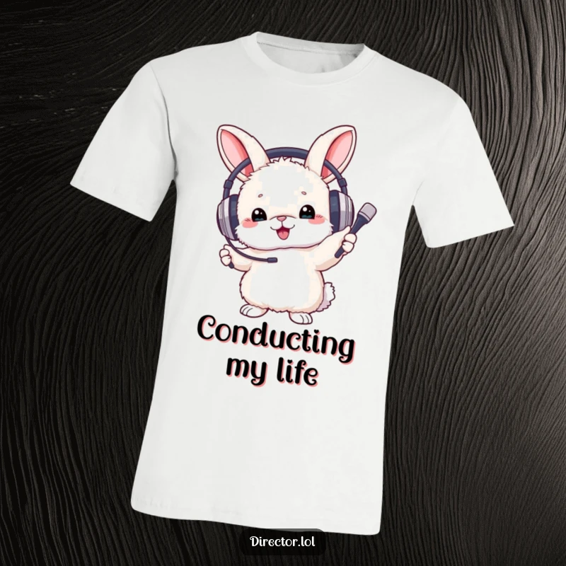 Funny T-Shirt portraying a fluffy bunny with big headphones, enthusiastically directing music with a tiny baton.